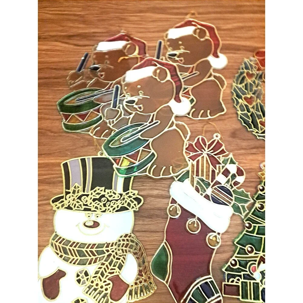 Christmas Suncatchers Window Hangers Plastic Stained Glass Style Bears Moose